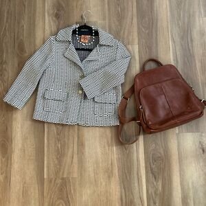 *SOLD LOCALLY* Tory Burch Knit Jacquard Blazer Navy Cream Gold Button Jacket M